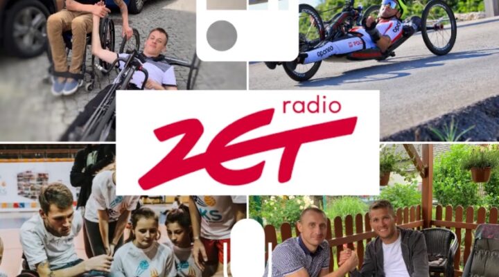 Kolaż ludzi na wózkach inwalidzkich ze słowami radio Zet.