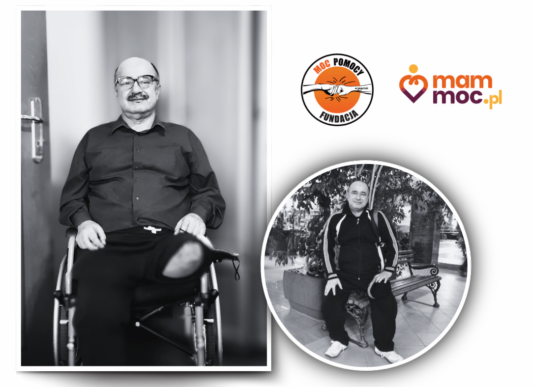Na pierwszym zdjęciu Pan ubrany w koszulę z wąsem i okularami siedzi na wózku. Amputowano lewą nogę powyżej kolana. Na drugim zdjęciu ten sam mężczyzna siedzi na ławce w otoczeniu roślin.