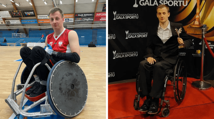 Dwa zdjęcia mężczyzny na wózku inwalidzkim i mężczyzna na boisku do koszykówki.