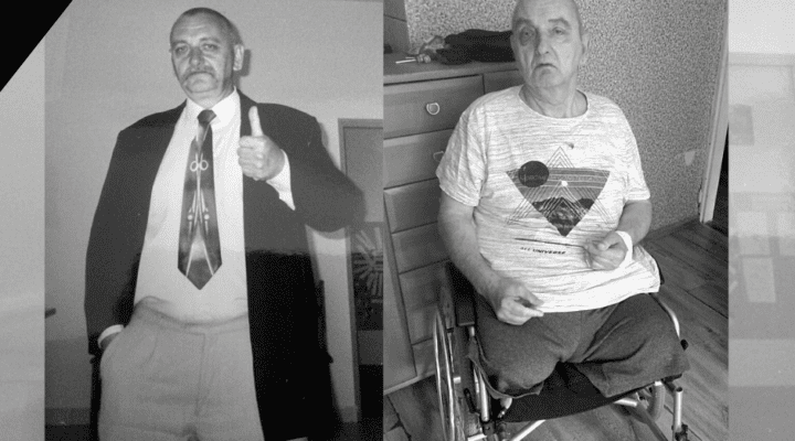Dwa czarno -białe zdjęcia starszego mężczyzny na wózku inwalidzkim.