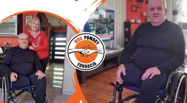 Dwa zdjęcia starszego mężczyzny na wózku inwalidzkim i starsza kobieta na krześle.