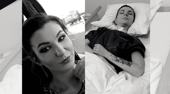 Dwa zdjęcia kobiety w łóżku szpitalnym i mężczyzna na wózku inwalidzkim.