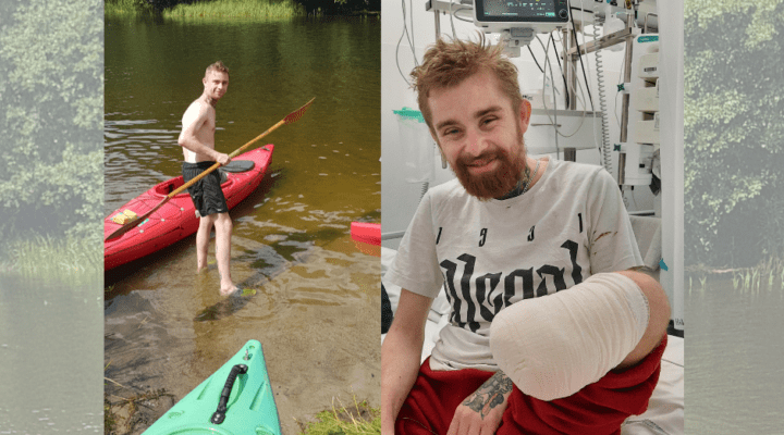 Dwa zdjęcia mężczyzny w kajaku i mężczyzna na kulach.