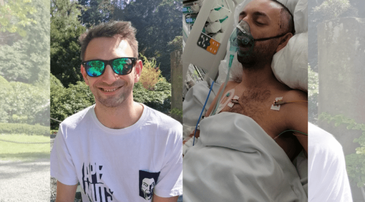 Dwa zdjęcia mężczyzny w łóżku szpitalnym i mężczyzna w okularach przeciwsłonecznych.