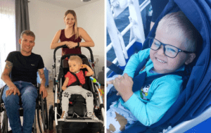 Dwa zdjęcia mężczyzny i kobiety z dzieckiem w wózku.