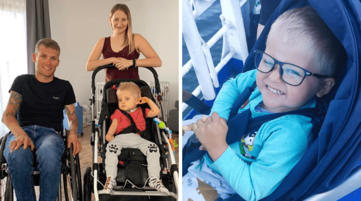 Dwa zdjęcia mężczyzny i kobiety z dzieckiem w wózku.