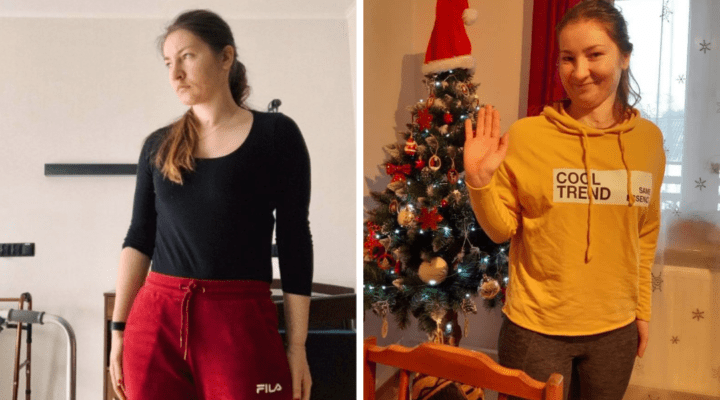 Dwa zdjęcia kobiety stojącej przed choinką.