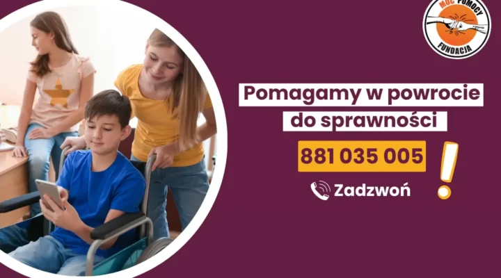 a photo of two children sitting in a wheelchair with the text pomagany do powiązania do sprzętów