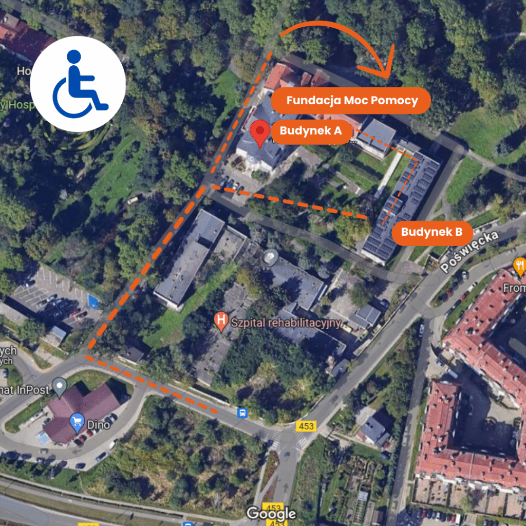 Mapa pokazująca lokalizację budynku ze strzałką wskazującą na niego.