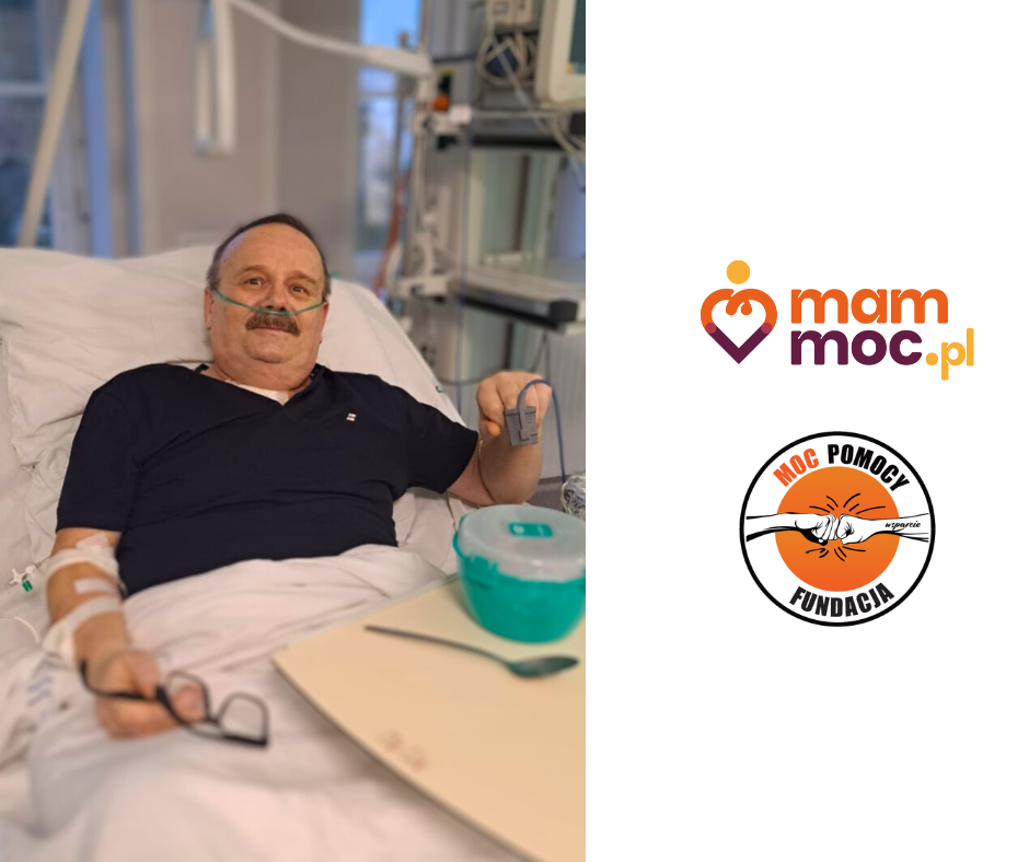 Mężczyzna w szpitalnym łóżku z kotem na kolanach.