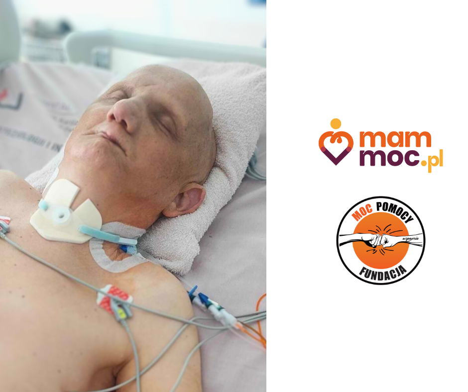 Mężczyzna w łóżku szpitalnym z rurką IV przymocowaną do szyi.