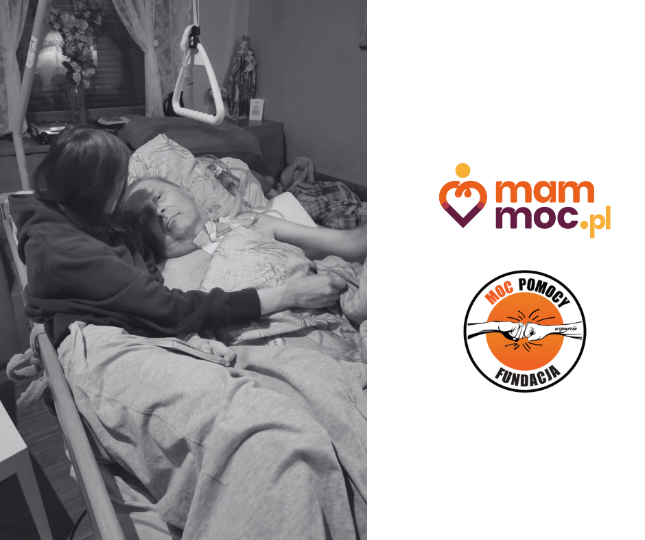 Kobieta w łóżku szpitalnym z kotem na kolanach.