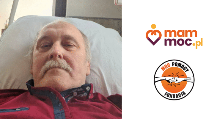 Starszy mężczyzna leżący w szpitalnym łóżku z obrazem kota.