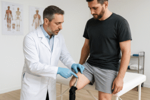 Fizjoterapeuta pomaga mężczyźnie z klęcznikiem.