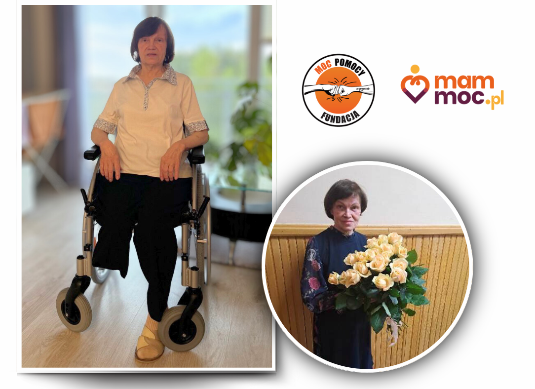 Kobieta na wózku inwalidzkim z kwiatami i jej zdjęcie.