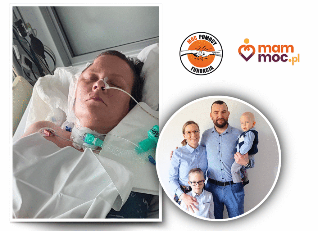 Kobieta leżąca na łóżku z rurką tracheotomijną oraz podpiętą sondą do nosa. Na drugim zdjęciu szczęśliwa rodzina, Mama, Tata i dwójka synów.