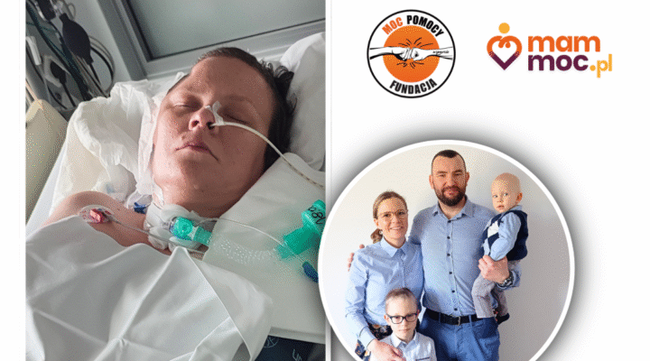 Kobieta leżąca na łóżku z rurką tracheotomijną oraz podpiętą sondą do nosa. Na drugim zdjęciu szczęśliwa rodzina, Mama, Tata i dwójka synów.