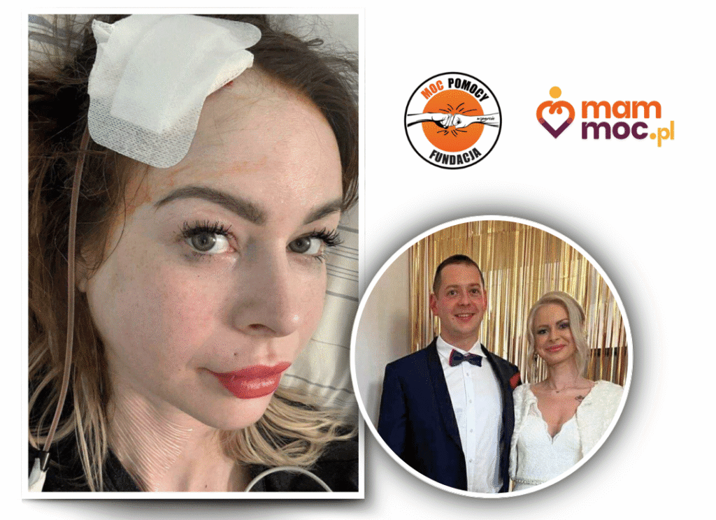 Na zdjęciu kobieta po operacji, z opatrunkiem na głowie. Na drugim zdjęciu Uśmiechnięty Mąż i Żona.