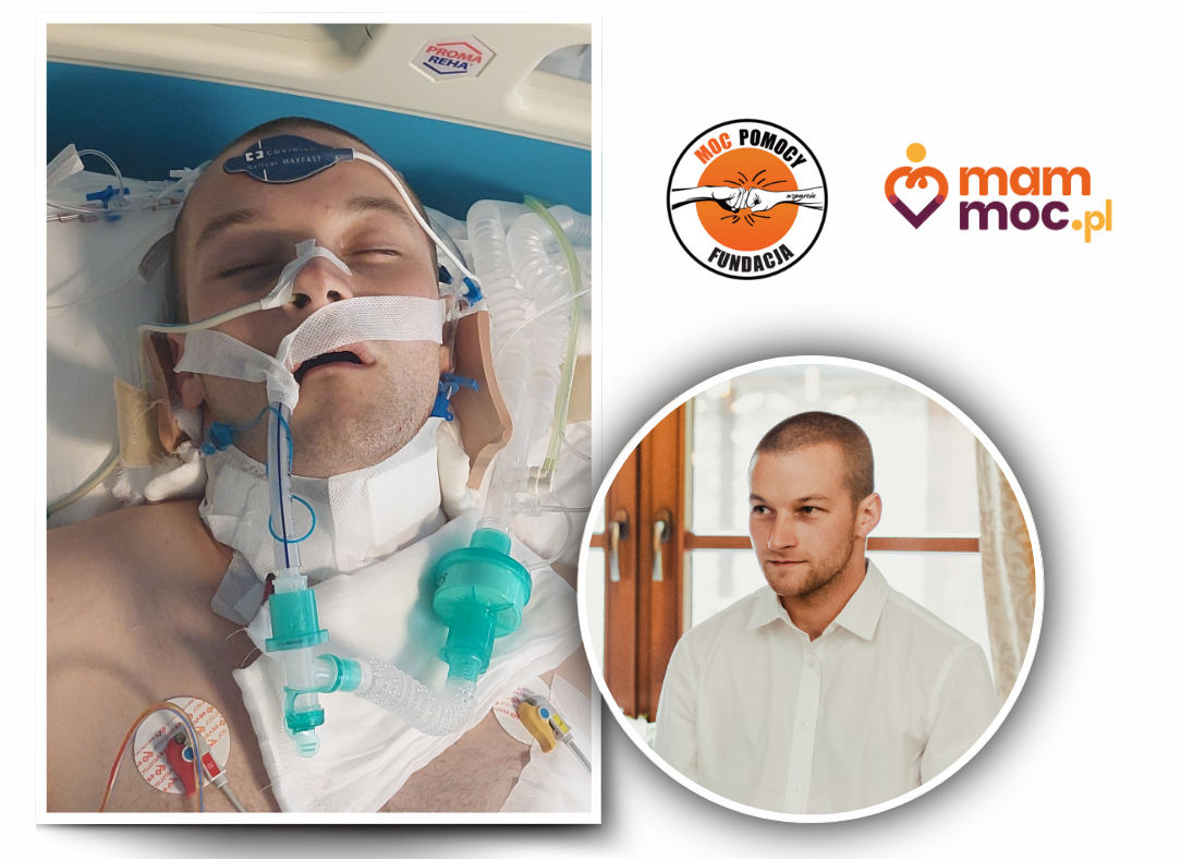 Na zdjęciu młody mężczyzna podpięty do szpitalnej aparatury, jest w stanie śpiączki. Na drugim zdjęciu mężczyzna o ciemnych, krótkich włosach z delikatnym zarostem jest ubrany w białą koszulę.