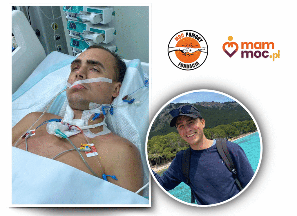 Na zdjęciu mężczyzna z ciemnymi włosami, leżący w łóżku z podpiętą rurką tracheostomijną. Na drugim zdjęciu uśmiechnięty młody mężczyzna w czapce z daszkiem, najprawdopodobniej na wakacjach.