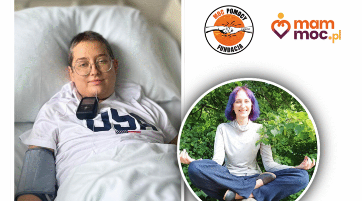 Na zdjęciu młoda kobieta leży w szpitalnym łóżku. Ma okulary i krótkie włosy. Do koszulki ma przyczepioną pompę insulinową. Na drugim zdjęciu ta sama kobieta przed chorobą, siedzi po turecku, uśmiecha się. Ma kolorowe włosy.