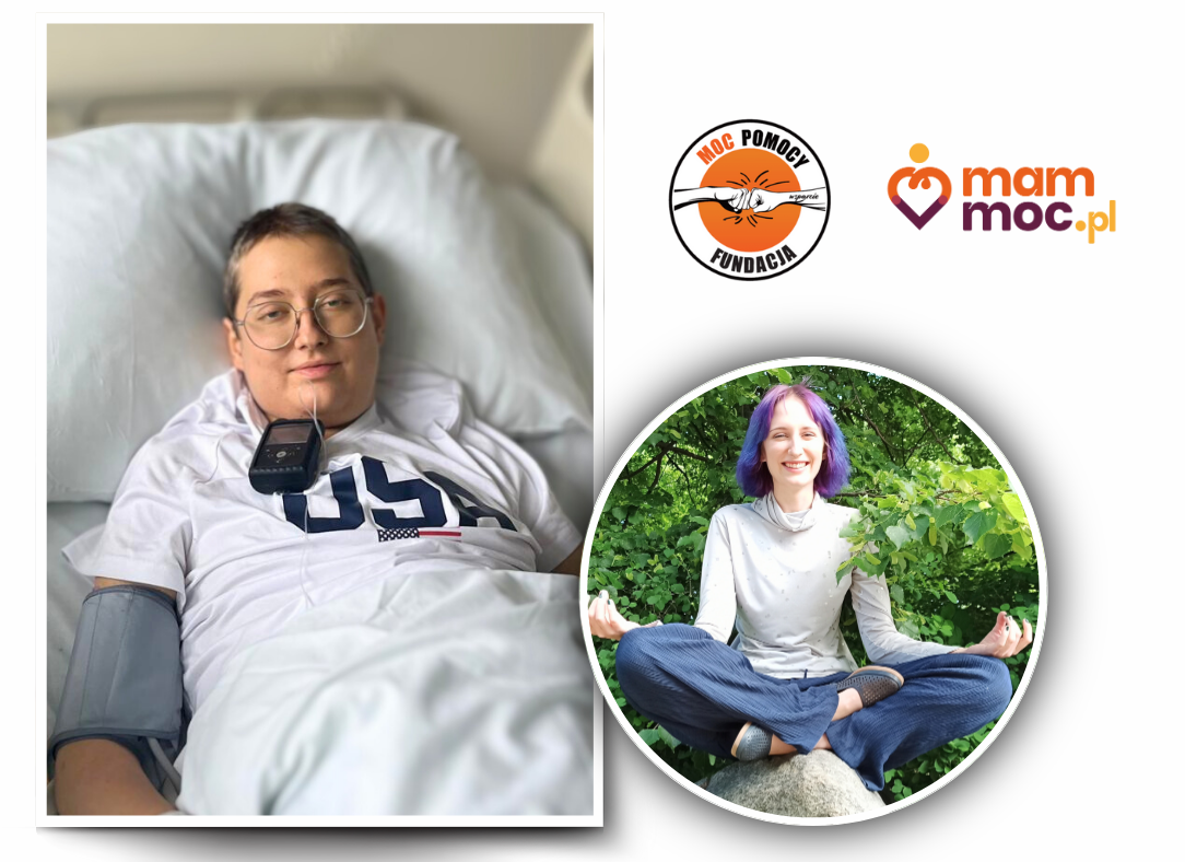 Na zdjęciu młoda kobieta leży w szpitalnym łóżku. Ma okulary i krótkie włosy. Do koszulki ma przyczepioną pompę insulinową. Na drugim zdjęciu ta sama kobieta przed chorobą, siedzi po turecku, uśmiecha się. Ma kolorowe włosy.