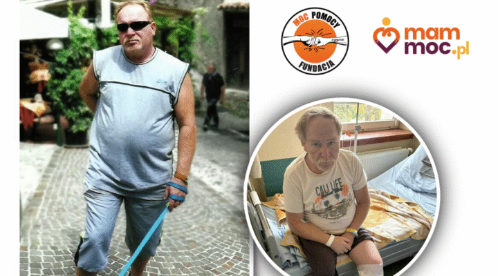 Na zdjęciu po lewej stronie stoi mężczyzna w ciemnych okularach, najprawdopodobniej jest w trakcie zwiedzania. Na drugim zdjęciu ten sam mężczyzna siedzi na szpitalnym łóżku, z zamyśloną miną. Jest po amputacji lewego podudzia.