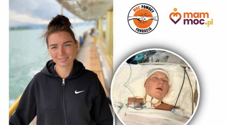 Na zdjęciu po lewej stronie stoi uśmiechnięta młoda kobieta. Jest na statku. Na drugim zdjęciu ta sama kobieta leży w szpitalnym łóżku. Ma zamknięte oczy, ma podpiętą rurkę tracheostomijną.