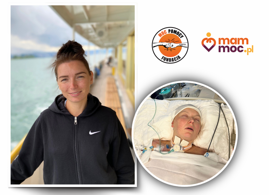 Na zdjęciu po lewej stronie stoi uśmiechnięta młoda kobieta. Jest na statku. Na drugim zdjęciu ta sama kobieta leży w szpitalnym łóżku. Ma zamknięte oczy, ma podpiętą rurkę tracheostomijną.