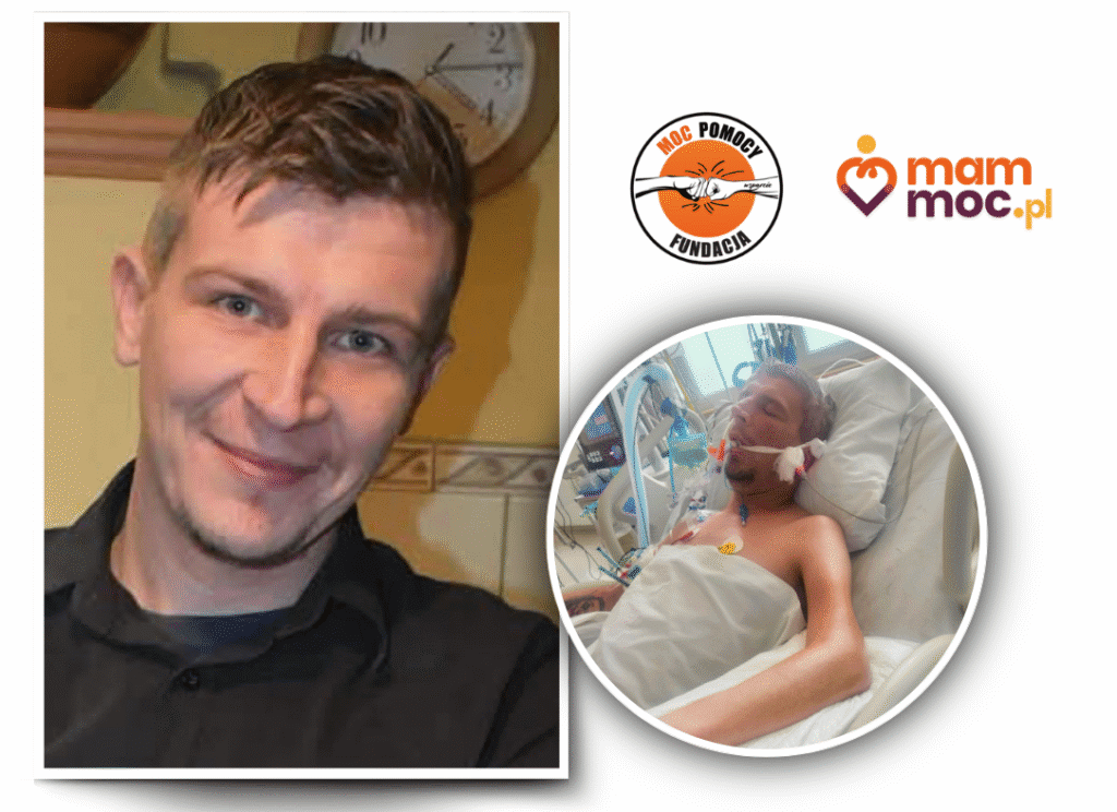 Na zdjęciu po lewej uśmiechnięty blondyn w czarnej koszuli patrzy się w obiektyw aparatu. Po prawej ten sam mężczyzna leżący w szpitalnym łóżku, podpięty do wielu urządzeń monitorujących funkcje życiowe.