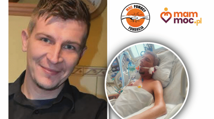 Na zdjęciu po lewej uśmiechnięty blondyn w czarnej koszuli patrzy się w obiektyw aparatu. Po prawej ten sam mężczyzna leżący w szpitalnym łóżku, podpięty do wielu urządzeń monitorujących funkcje życiowe.