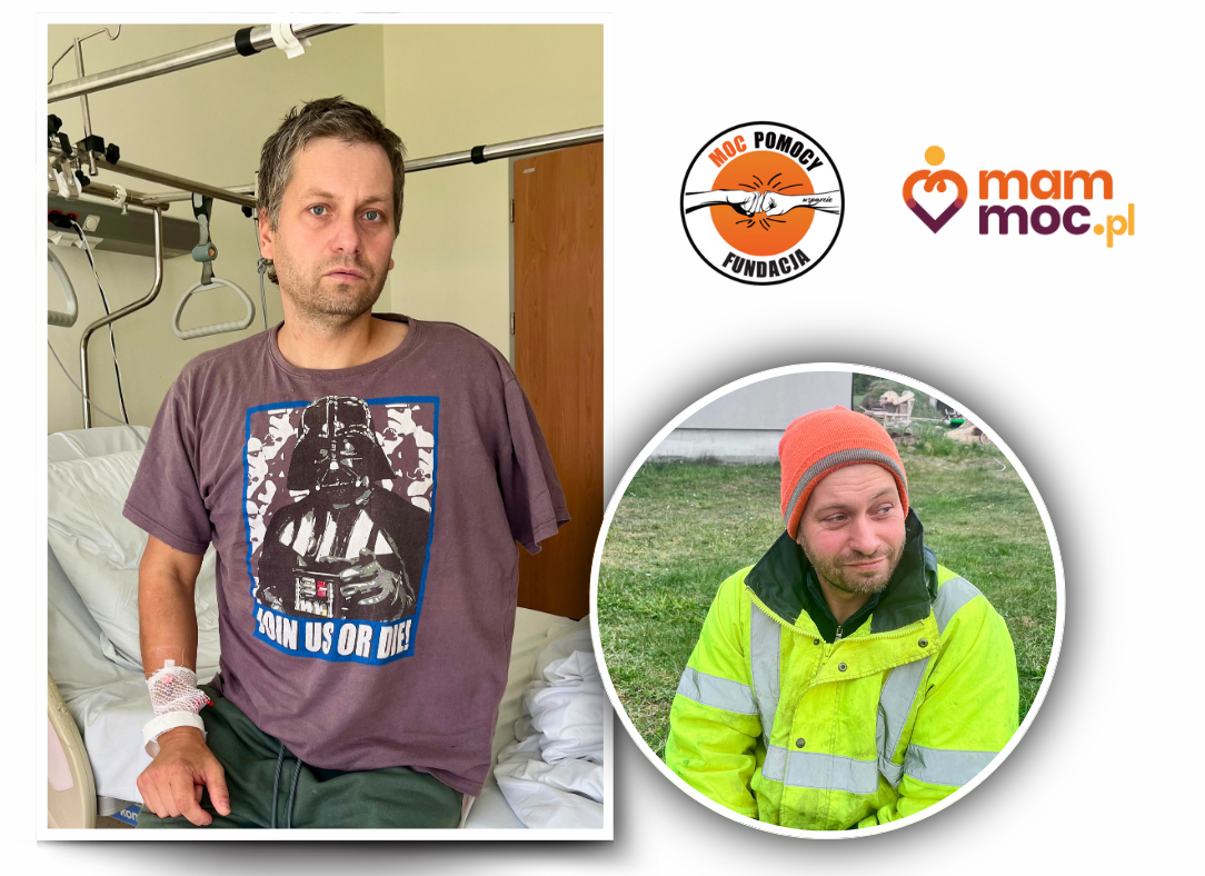 Na pierwszym zdjęciu około 40 letni mężczyzna siedzi na szpitalnym łóżku. Nie ma lewej ręki. W jego oczach widać zamyślenie. Na drugim zdjęciu ten sam mężczyzna siedzi na zewnątrz, ubrany w odblaskową, roboczą kurtkę i czapkę delikatnie się uśmiecha patrząc gdzieś w dal.