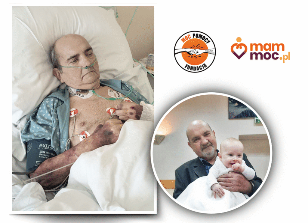 Na pierwszym zdjęciu widzimy mężczyznę leżącego w szpitalnym łóżku, podłączonego do aparatury monitorującej czynności życiowe. Na drugim ten sam mężczyzna uśmiecha się i trzyma na rękach małą dziewczynkę.