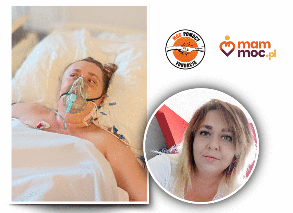 Na zdjęciu po lewej stronie kobieta leży w szpitalnym łóżku. Jest podłączona do aparatury, ma nieobecny wzrok. Na drugim zdjęciu ta sama kobieta jest pełna życia, ma rozpuszczone blond włosy.